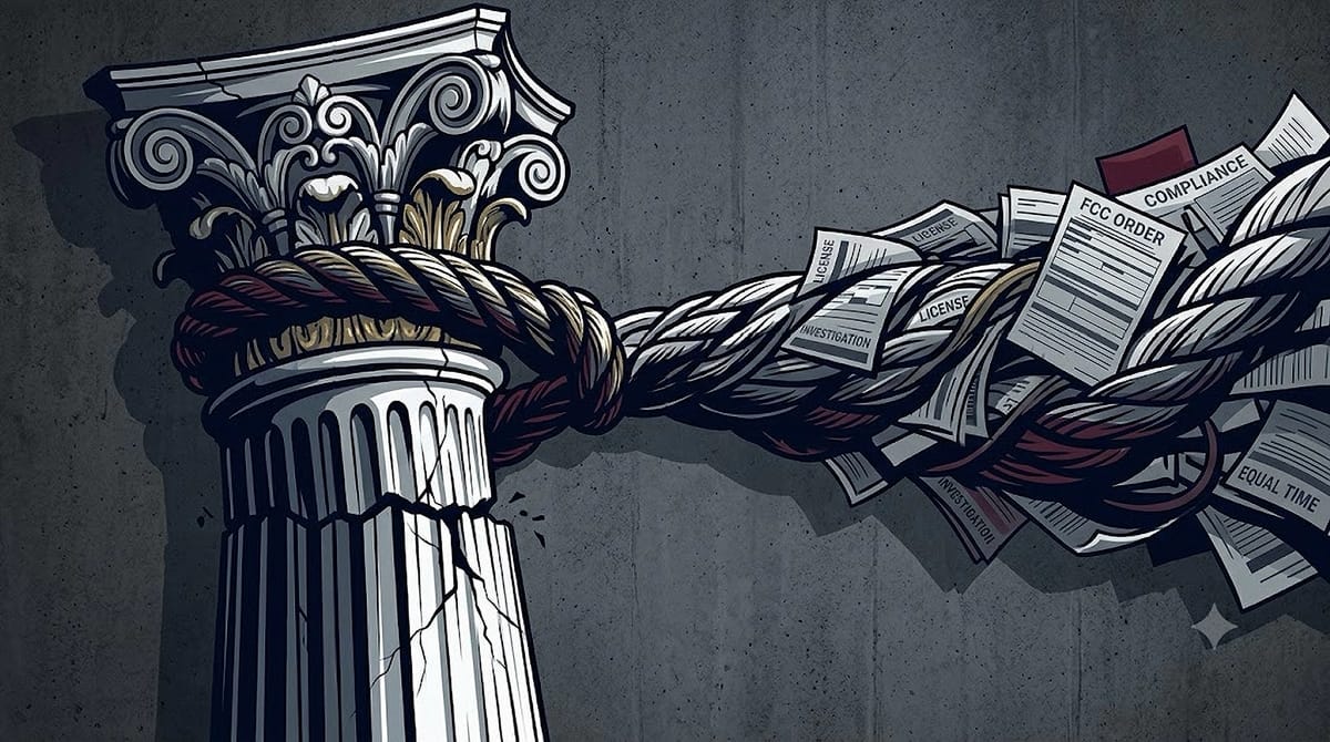 An editorial illustration of a classical column being pulled by a rope made of FCC compliance orders, symbolizing regulatory overreach against media.
