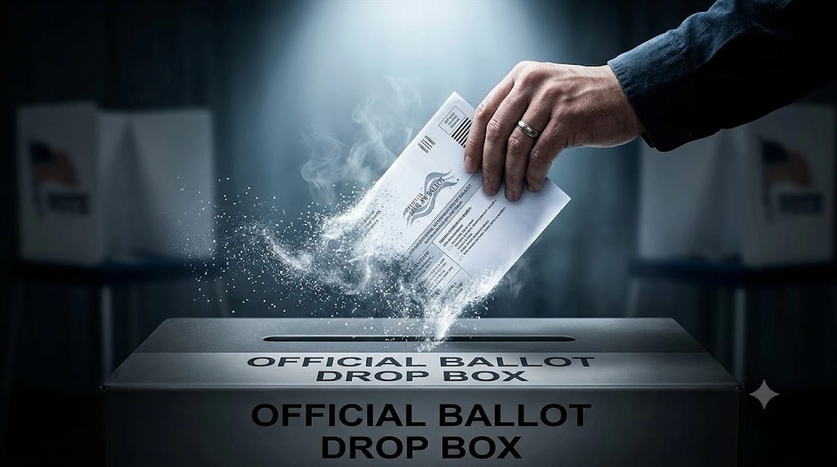 A cinematic, close-up photograph of a hand poised to drop an official mail-in ballot into a grey drop box. The edges of the paper ballot are visibly dissolving into glowing pixelated dust and light smoke before it can enter the slot, visually symbolizing the erosion of voting access.