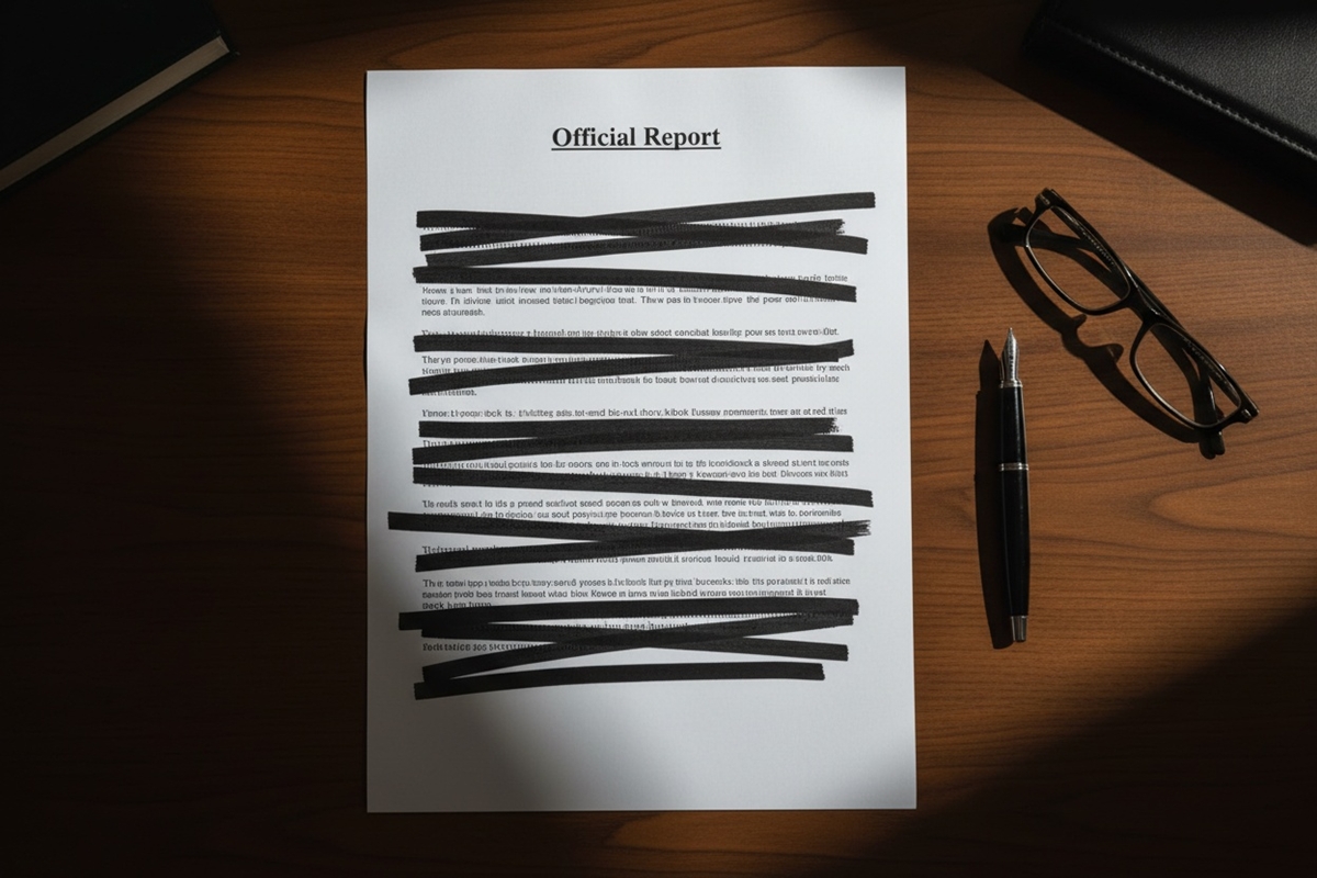 Redacted official government document symbolizing strategic omission and information control.