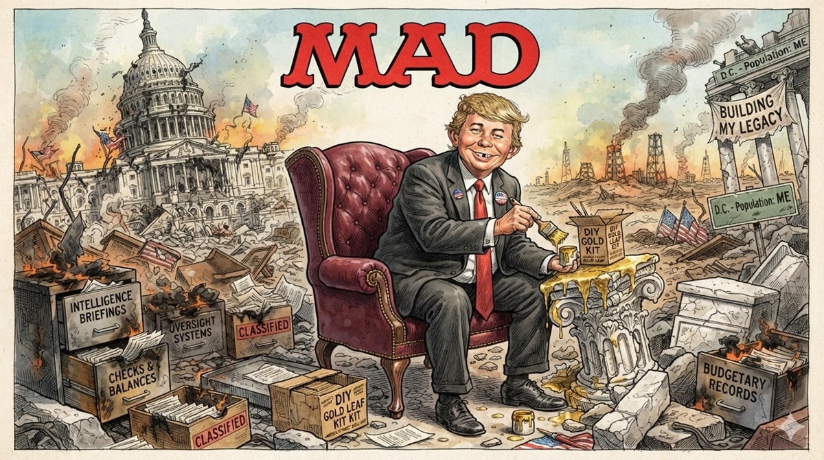 Satirical editorial illustration of Donald Trump with a vacant, gap-toothed Alfred E. Neuman smile, sitting in a White House chair amidst crumbling policy ruins.