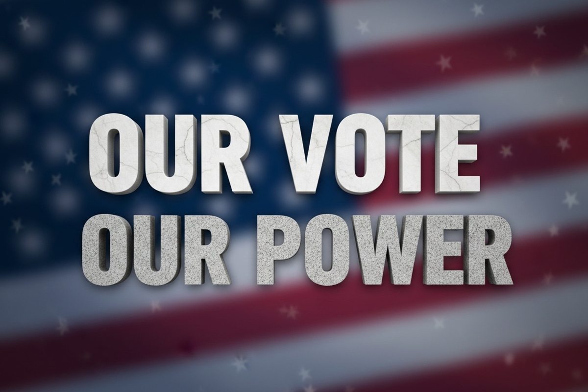 A bold, clean typographic design featuring the words "OUR VOTE" and "OUR POWER" in a strong, stone-textured serif font over a subtle, blurred abstract background of the American flag with faint stars and red and blue tones.