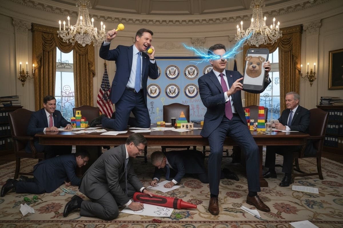 Digital illustration of Cabinet secretaries clowning around inside a government briefing room on TikTok while holding smartphones and giant crayons, depicting the Cabinet social media circus.
