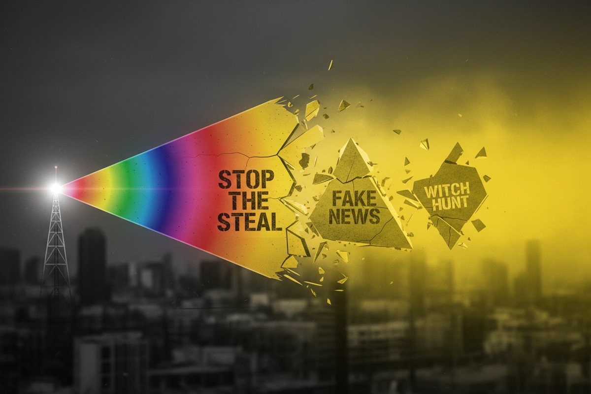 Stylized graphic depicting a broadcast tower sending out a spectrum of light that is shattered by political slogans into a distorted reality.