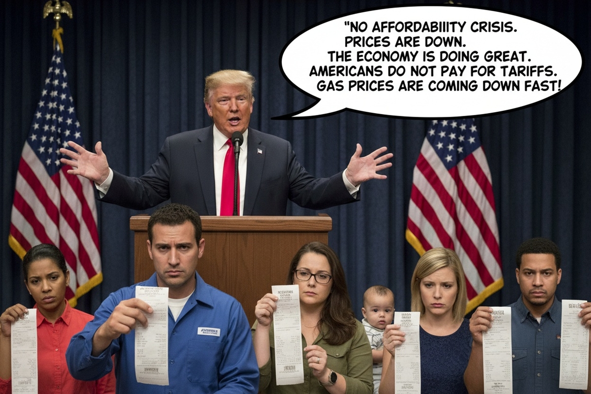 Political gaslighting at a rally while a skeptical crowd in looks down at long grocery store receipts in disbelief.